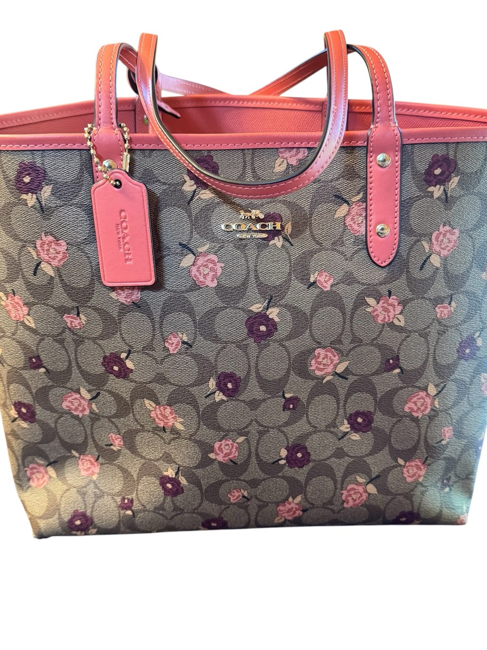 Coach Brown Signature Floral Tote with Pink Trim - Picture 3 of 15
